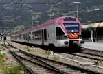 Ein Umlauf der Trenitalia-Wendezüge Meran - Brenner wird durch einen FLIRT der Trenitalia ersetzt, der ein spezielles Design für den Regionalverkehr in der Autonomen Provinz Trento aufweist (ETR 170 110, Meran, 8.6.15).