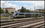 Dieseltriebwagen der Reihe ATR 220 standen am 30.5.2022 im Gleisvorfeld des Bahnhof Belluno.