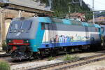 Trenitalia E405 023 & E412 017 übernahmen einen KLV Zug richtung Verona nach dem Lokwechsel. Aufgenommen im Bahnhof Brenner/Brennero am 03.09.2014