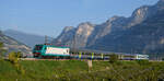 E464 060 fährt mit einem TrenoRegionale bei Grumo im Trentino durch das Tal der Etsch.