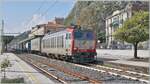 W�hrend rechts im Bild ein paar Orangen Farbtupfer ins Bild bringen, f�hrt die FS Mercitalia E 652 058 mit ihrem G�terzug langsam in den Bahnhof von Taormina Giardini ein; der Zug muss hier auf den