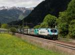 Die EU 43 003, die E 483 005 und die 186 281 mit einem KLV-Zug am 14.05.2013 unterwegs bei Campo di Trens.