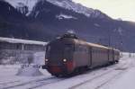 Sehr urtmlich wirkte schon damals bei der Aufnahme am 21.1.1991 dieser  FS Elektrotriebwagen ALe 840036 hier bei seiner Ankunft im  Grenzbahnhof San Candido / Innichen.