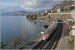 Nachschus auf einen FS Trenitalia ETR 610 als EC 34, auf der Fahrt von Milano nach Genève bei der Druchfahr in Veytaux-Chillon; im Hintergrund zeigt sich Montreux.