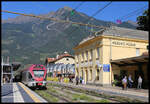 Ein ETR 170 steht hier am 18.9.2025 im Bahnhof Meran bereit zur Fahrt zum Brenner via Bozen.