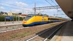 Der Testzug ETR 500 Y1 „Aiace“ der Rete Ferroviaria Italiana (RFI) im Bahnhof Podova am 27. Juli 2022. Dieser ETR erreichte am 3. Februar 2009 auf der Hochgeschwindigkeitsstrecke Bologna–Florenz mit 362 km/h den offiziellen italienischen Geschwindigkeitsrekord für einen ETR 500.