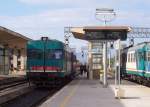 Umsteige-Bahnhof Ozieri-Chilivani am 22.10.2005: Bahnsteig 4 Triebwagen ALn 668.3194 Olbia - Sassari, Bahnsteig 5 zwei Triebwagen BR ALn 668 Sassari - Cagliari. Die Zuganzeige hat die ganze Woche gesponnen, die ich ber diesen Bahnhof gekommen bin.
