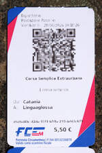 Fahrkarte Catania Metro - Nesima - Bus - S.M. Licodia Sud - Zug - Linguaglossa: Fahrzeit ca 4 1/2 Std, Preis 5.50 Euro. Ein sehr g�nstiges Vergn�gen und sehr empfehlenswert! Catania - Linguaglossa, 28.4.2026