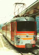 Der Doppelgelenktriebwagen ET 12 der Trient-Mal-Bahn (Ferrovia Trento-Mal, Spurweite 1000 mm) am Nachmittag des 16.