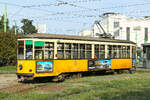 Triebwagen 1569  in die Station Ospedale  (Spital)  am Ende der Wendeschleife der Line 5. Am 2. September 2026. Normal gelb mit ein paar Werbebannern bestückt. 