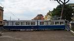 Tram 404 der Römer Straßenbahn, ausgestellt im Bahnmuseum Roma Porta San Paolo, aufgenommen am 21.05.2018.