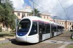 Italien / Sardinien / Straßenbahn Sassari / Stadtbahn Sassari: AnsaldoBreda Sirio mit der Wagennummer SS01, aufgenommen im Juni 2014 am Bahnhof von Sassari an der Haltestelle  Stazione FS  in Sassari.