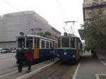 Tram in Triest Innenstadt, die oben am Berg als Zahnradbahn fhrt