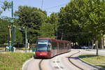 Am 5. Juli 2017 erreicht Translohr Wagen 19 als Linie T2 in Richtung Marghera soeben die Haltestelle Giovanacci.