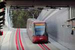 Venezia (Mestre), via Cappuccina (Stazione FS) - Lohr Translohr STE4-18 als ein Schulwagen auf der Strecke der Linie T1, 14.09.2014