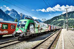 Hier nochmal bei schönerem Wetter:  1116 159-5  150 Jahre Brennerbahn  steht mit einer  Radlzug-Garnitur , am 28.6.2018, im Bahnhof Lienz.