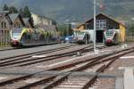 Vinschgerbahn,Blick auf das Depot in Meran mit drei ATR 100 am 09.10.14