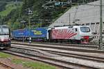 Am Nachmittag des 05.07.2018 stand RTC EU43-005 mit einem  LKW Walter -KLV nach Verona Q. E., welcher zuvor von MRCE/LM ES 64 F4-032 (189 932-7) und MRCE/LM X4 E-664 (193 664-0) gebracht wurde, im Bahnhof von Brenneo und wartete auf die Ausfahrt in Richtung Bozen.