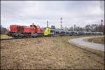 GKB DH 1700.1 mit einem Alstom Coradia  Stream in der Anschlussbahn Mellach am 6. Februar 2026.