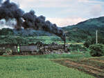 Japanische Dampflokomotiven C57 auf der Südinsel Kyûshû: C57 196 mit einem Güterzug im Aufstieg nach Miyakonojô; heute ist der Güterverkehr hier längst auf der Strasse. Hyûga Kutsukake, 13.August 1972 