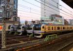 Serie 217 (als E217 angeschrieben; E = Eigentum von JR Ost-Japan): 51 11-Wagenzüge für den S-Bahnverkehr quer durch den Grossraum Tokyo. Mit 46 zusätzlichen 4-Wagenzügen meist zu 15-Wagenzügen formiert. Gleichstrom, 120 km/h, Baujahre 1994-1999. Grundsätzlich als Eilzüge eingesetzt von der Miura-Halbinsel südwestlich von Tokyo über die Stadt Yokohama, als Tiefbahn durch die Innenstadt von Tokyo und von da um die Tokyo-Bucht herum zur Stadt Chiba östlich von Tokyo. Von da teils auf die Bôsô-Halbinsel hinaus oder zum Internationalen Flughafen Narita. Für die Gesamtstrecke – immer durch das Häusermeer der Agglomeration Tokyo – werden selbst bei der recht hohen Geschwindigkeit dieser Eilzüge knapp 3 Stunden benötigt. Die Zusammensetzung des Hauptzuges ist KUHA 217 - SAHA 217 - MOHA 217 - MOHA 216 - SAHA 217 - SAHA 217 - SARO 217 - SARO 216 - MOHA 217 - MOHA 216 - KUHA 216 (wie üblich in Japan sind motorisierte Wagen MOHA モハstets zu Paaren formiert, hier als 217/216-Paar; zwischen unmotorisierten 217- und 216-Wagen (ohne Führerstand SAHAサハ und mit Führerstand KUHA クハ) bestehen kleinere Unterschiede; SAROサロ-Wagen sind zuschlagspflichtige Doppelstock- Green Car -Wagen). Im Bild warten 4 Züge auf Einsatz ab Tokyo-Kinshichô, ganz rechts der Zusatzzug Nr. 46 mit westseitigem Steuerwagen KUHA 216-1025, 17.Oktober 2014.   