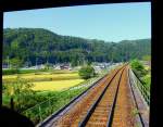 Die Sanriku-Bahn: Wenn die Aehren der Reisfelder reif sind, strahlt die Landschaft in goldgelber Pracht.