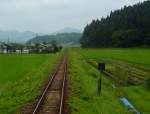 Die Yuri Kôgen-Bahn: Der heftige Regen muss jetzt die jungen Reispflanzen zu ordentlichem Wachstum verhelfen.