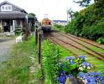 Die Chshi-Bahn und Blumen: Wagen 1002 an der Endstation Tokawa, 1.Juli 2010.