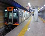 Hanshin Konzern, die Expresszüge mit Kasten aus rostfreiem Stahl: Hanshin-Zug 1205 (Serie 1200) ist über den Kintetsu-Konzern von Nara hergekommen bis zur Personalwechselstelle in
