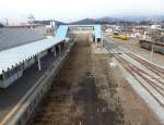 Ôfunato-Linie, Stadt Ôfunato, Endstation Sakari am 20.Februar 2013: Die Geleise der zerstörten Ôfunato-Linie sind verschwunden, um einem Bus Platz zu machen.