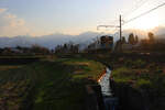 Sonnenuntergang in Shinano Moriue in den japanischen Alpen.