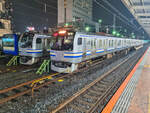 Tokyo JR East Züge der Sobu Line abgestellt im Bahnhof Kinshicho, 21.04.2024.