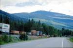 Gterzug vom Yellowhead Pass abwrts Richtung Kamloops - aufgenommen am 24. Juni 2000