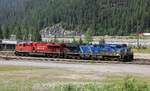 Perfekt parkiert: zweifarbige doppelte Doppellok in Field, BC, 11.8.2012