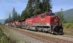 Ein paar Minuten nach der Durchfahrt des Containerzuges setzt CN 8504 mit ihrem gemischten G�terzug die Fahrt fort. Revelstoke - Sicamous, 13.8.2012