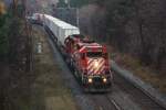 Viele SD40-2 der CPR haben noch die alte Lackierung. Hier zwei Einheiten mit einem Lastwagenzug. Toronto 15.11.2009 