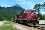 01.07.2014 - Canadian Pacific - Güterzug nach Passage des Kicking Horse Pass bei der Einfahrt im Bahnhof Field