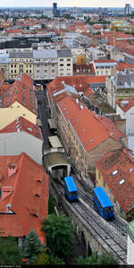 Am Fuße des Lotrščak-Turms von Zagreb (HR) wandert der Blick nach unten auf die Uspinjača (Standseilbahn), die seit mittlerweile 130 Jahren (Eröffnung 1893) rauf und runter