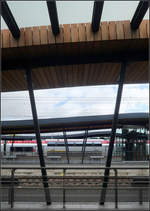 Schlank Stahlrohre -    ...tragen die elegant geschwungenen Bahnsteigdächer des Bahnhofes von Luxemburg.
