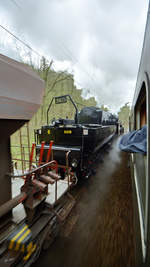 Die Dampflok CFL 5519 zieht einen Güterzug anlässlich des 9. Dresdner Dampfloktreffens. (Parallelfahrt auf der Tharanter Rampe, April 2017)