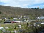 Von Troisvierges ging es zurck mit dem Sonderzug in Richtung Luxemburg. Bei herrlichem Sonnenschein fhrt er entlang des Camping Platzes in Clervaux. 20.04.08