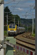 . Durchblick. Zwischen 2 Masten hindurch, konnte ich Lok 3010 mit ihrem Zug am Bahnbergang in Wilwerwiltz im Bild festhalten.  22.08.2017  (Hans)