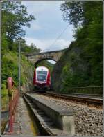 - Hohle Gasse - Auf der eingleisigen Strecke von Wiltz nach Kautenbach geht es stellenweise recht eng zu, wie hier in der Nhe von Merholtz, wo die RB 3214 Wiltz-Luxembourg sich am 04.07.2012 unter der alten Brcke durchschlngelt. (Hans)