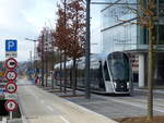 Straßenbahn-Allee. An der Strecke auf dem Kirchberg hat man Bäume angepflanzt, die der Strecke eines Tages einen Alleencharakter geben werden. Auffällig ist auch der Schilderwald, u.a. die vor jeder Kreuzung explizit beendete und danach wieder beginnende Straßenbahnstrecke (blaues Symbol mit Straßenbahn). 28.12.2017, Luxemburg nahe Pafendall - Rout Bréck