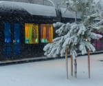 Weihnachtskugel mal anders: Die Luxemburger Straßenbahn ist mit ihrem metallic-schwarzem Farbkonzept eigentlich recht unscheinbar. Die verschiedenfarbigen Türen lockern das Bild aber auf und ergeben interessante Lichtstimmungen. Pafendall - Rout Bréck, 29.12.2017