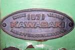 Herstellerschild der JKNS 5205 (B'B' dh, Kawasaki, Kobe / Japan, Bj.1971, Fab.Nr.
