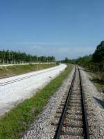 Die neuen und alten Bahngleise der malaysischen Hauptstrecke am 14.01.2013 zwischen Padang Besar und Alor Setar. Die E-Masten stehen hier bereits teilweise, der Zug benutzt aber noch die alte Strecke. Aus dem Rckfenster des International Express Bangkok - Bukit Mertajam fotografiert.