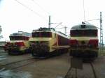 Parade von drei Knicknasenloks mit dem unverwechselbaren von Paul Arzens entworfenen Design im Depot Sidi-Kacem: Diesellok DF-101, Ellok E-1314 und Diesellok DF-105 stehen vor dem Schuppen.
24.0.2007 Sidi-Kacem