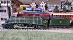 In den 1930er Jahren fuhren die Zge in Deutschland pnktlich und schnell.In England verfolgte man diese Entwicklung besorgt,konnte es doch nicht sein das die Deutschen dem Ursprungsland des Eisenbahnwesens vormachten,wie man pnktlich Zge zu fahren hatte.Die Bahngesellschaft  LNER  hatte ein starkes Zugpferd,nmlich die berhmte Class A3.Als vergrerte,stromlinienverkleitete Version der Class A3 wurde ab 1935 die Class A4 gefertigt.Die eleganten Schnellzugloks fuhren als Paradepferde der LNER auf den Linien: London/King´s Cross-Newcastle,Edingburgh,Aberdeen. Ein solches Paradepferd der Class A4 zeigt das Bild. Ihr Name ist  Mallard  mit der Nummer:60022! 35 solcher Maschinen wurden gefertigt,bevor die letzte ihrer Art 1967 ausgemustert wurde.Eine Maschine dieser Art wurde von einem Privatverein Generalberholt und in den Originalzustand der LNER zurckversetzt.Von der Insel zu mir herbergedampft kam dieser Tage das Modell einer: Class A4 Dampflokomotive der Marke  Hornby !Sie ist wirklich wunderschn anzusehen aber,so denke ich,ihres Alters wegen als Zugmaschine ungeeignet.Die Maschine mu sehr oft bespielt worden sein,denn an den Radkrnzen sind starke Abnutzungsspuren zu erkennen.Selbst das len brachte leider nicht viel.Quietschend und Kraftlos versucht sie Runden auf der Bahn zu drehen.Nunja als Ausstellungsstck kann man sie noch ins Regal stellen.Schade,aber jedes Lokomotivleben geht einmal zu ende,wie im wirklichen Leben eben.

 