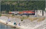 SZ432 mit 461-035 und einer weiteren 461 auf dem Damm von Lesendro am Skutarisee, wo eifrig gefischt wird, wegen der brtenden Sonne sogar im Schutz von Sonnenschirmen. (31.07.2009)